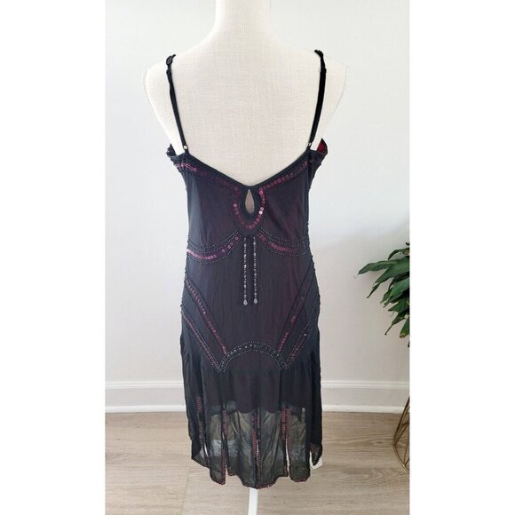 Sue Wong Vintage Black Pink Beaded Sequin Y2K 90s Silk Flapper V-Neck Dress 12 M - Picture 8 of 13